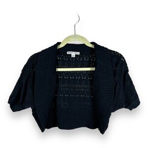 SMALL MORAL FIBER BLACK CROPPED SWEATER OPEN KNIT RETRO GOTH PINUP OPEN FRONT